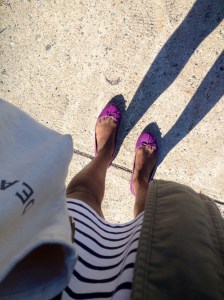 Ballet flats - J Crew Dress - Muji Army Jacket - Gap Tote - Dean and Deluca